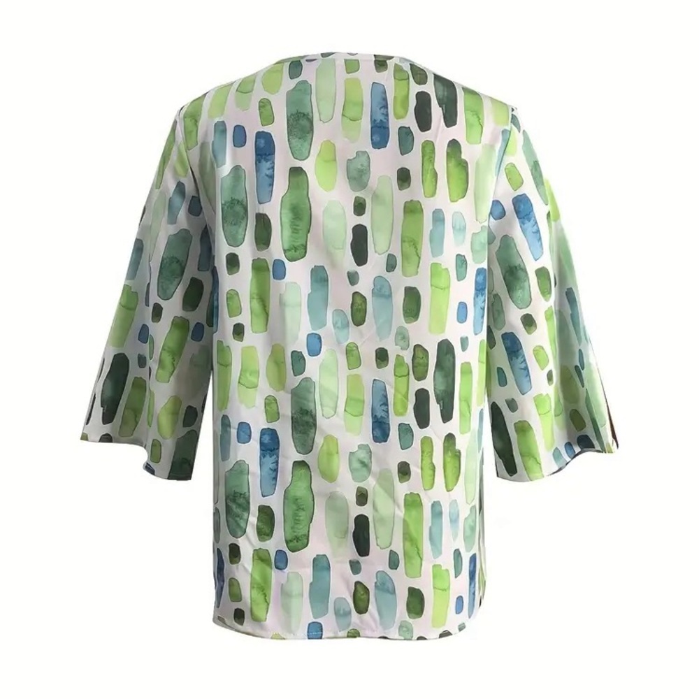 Blouse V-Neck 3/4 Sleeve Geometric Print Blue, Green, White - XL - Picture 4 of 5